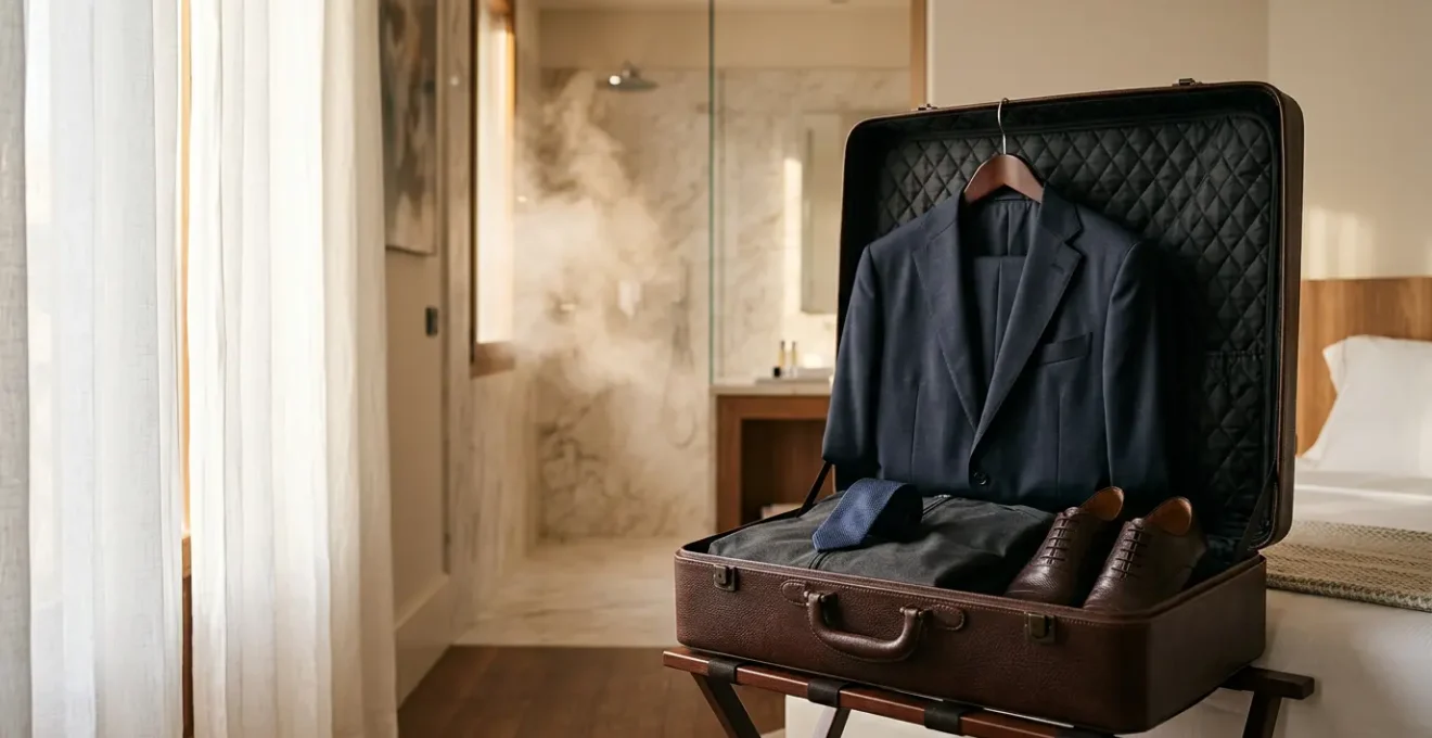 Abito business appeso in valigia aperta con accessori da viaggio eleganti