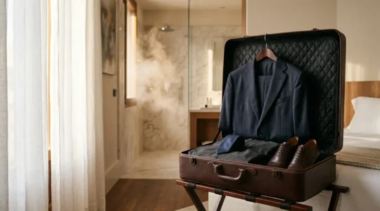 Abito business appeso in valigia aperta con accessori da viaggio eleganti