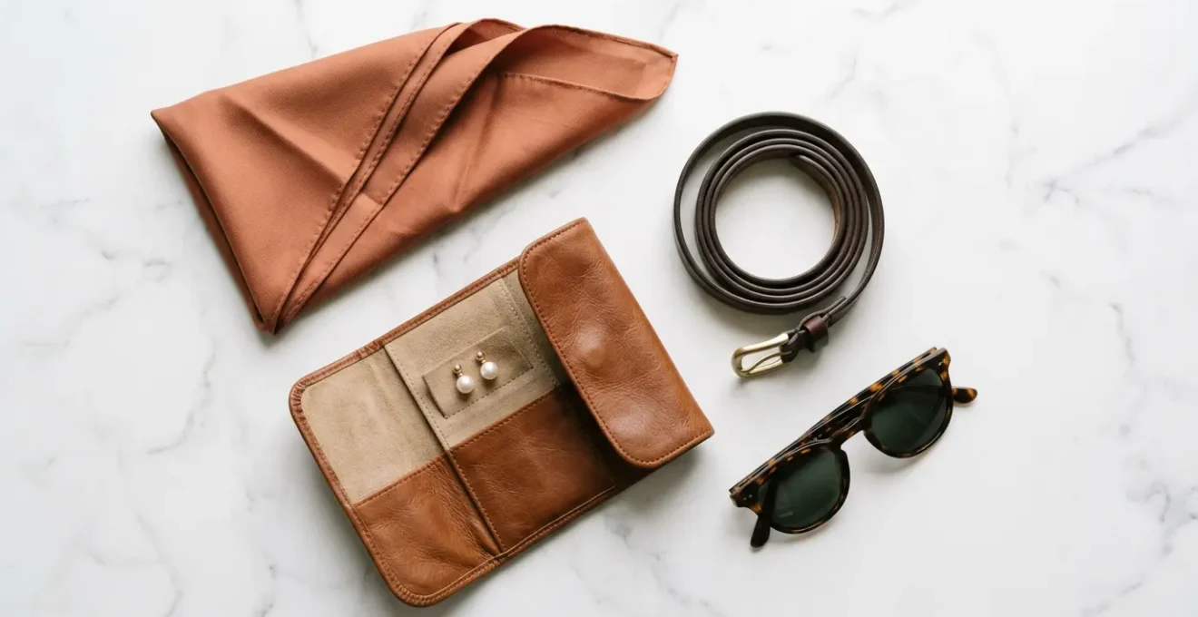 Accessori da viaggio essenziali disposti con eleganza su superficie minimale