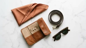 Accessori da viaggio essenziali disposti con eleganza su superficie minimale