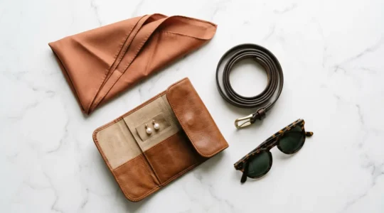 Accessori da viaggio essenziali disposti con eleganza su superficie minimale