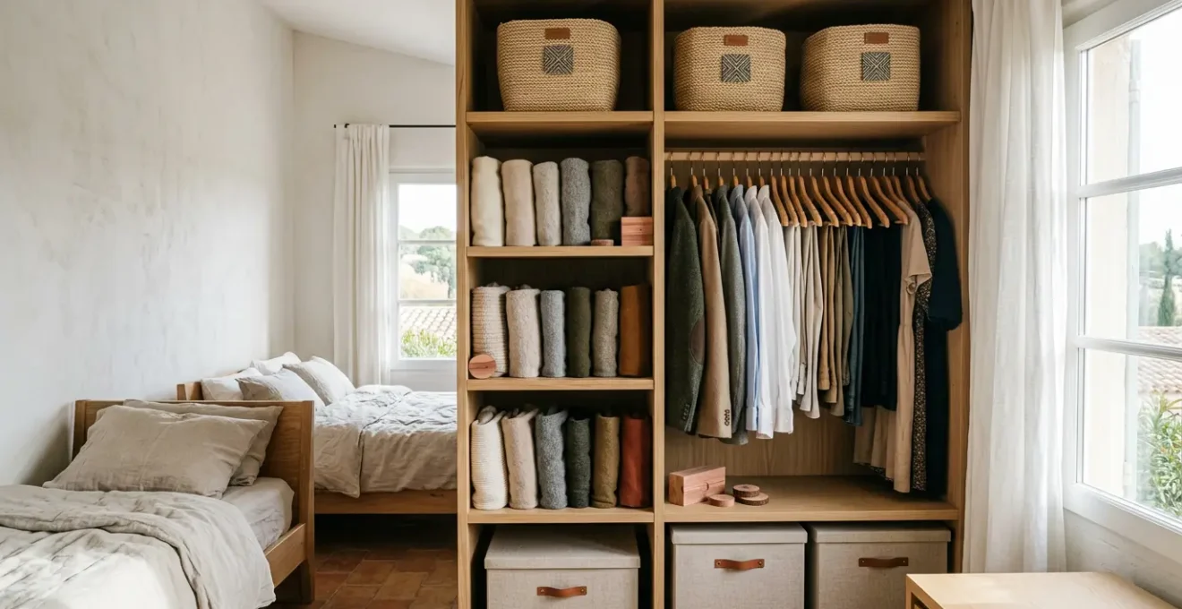 Armadio piccolo ben organizzato con vestiti piegati secondo il metodo KonMari e grucce salvaspazio