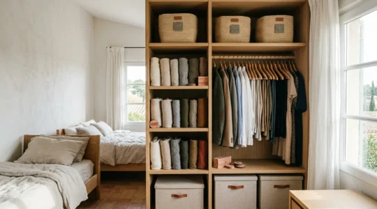 Armadio piccolo ben organizzato con vestiti piegati secondo il metodo KonMari e grucce salvaspazio