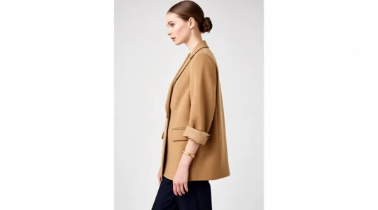 Donna petite elegante con blazer oversize color cammello, dettagli sartoriali italiani