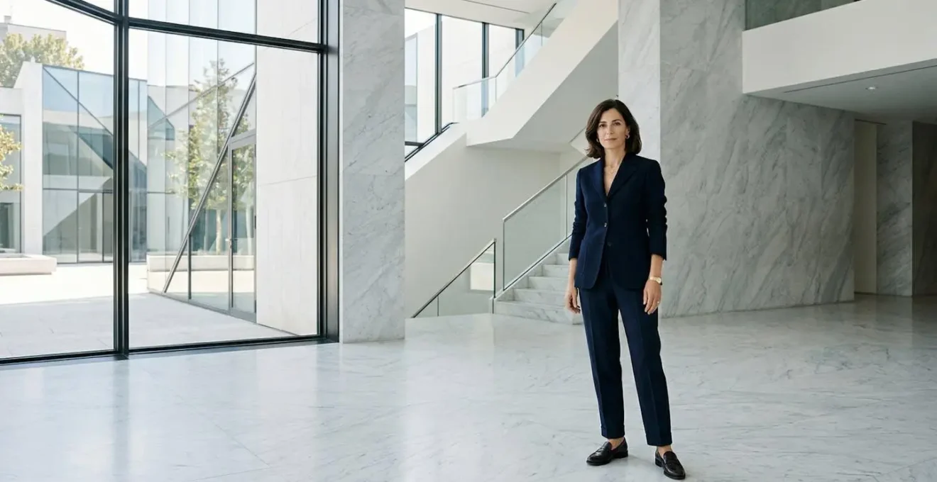 Donna elegante con blazer strutturato abbinato a pantalone a vita alta in ambiente minimalista