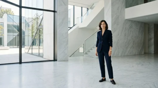 Donna elegante con blazer strutturato abbinato a pantalone a vita alta in ambiente minimalista