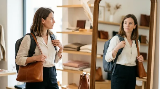 Donna che confronta due borse diverse valutando il peso e l'ergonomia per la salute della schiena