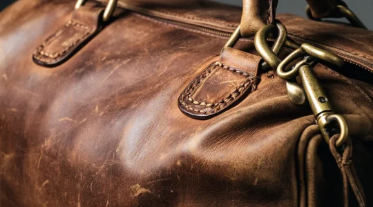 Elegante borsa vintage in pelle marrone sotto luce naturale con dettagli artigianali italiani visibili