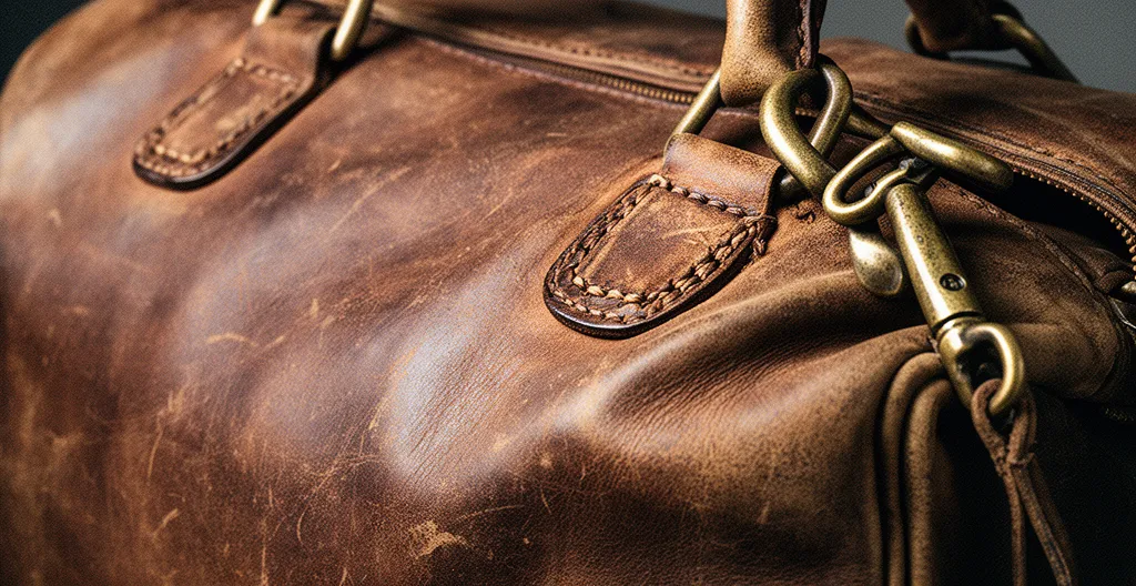 Elegante borsa vintage in pelle marrone sotto luce naturale con dettagli artigianali italiani visibili