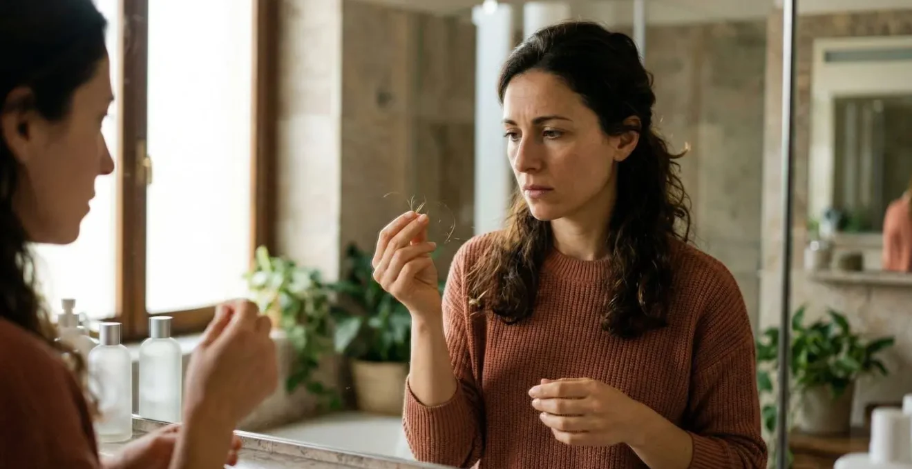 Donna che esamina i propri capelli allo specchio per controllare la caduta stagionale