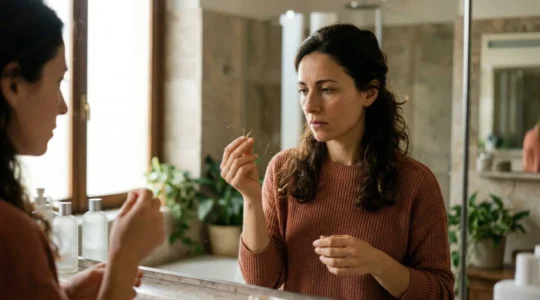 Donna che esamina i propri capelli allo specchio per controllare la caduta stagionale