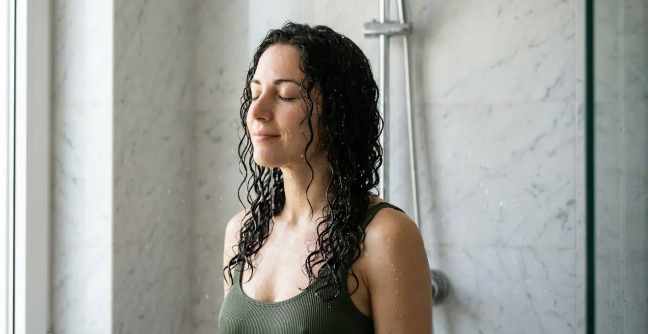 Donna sotto la doccia con capelli lunghi e lucidi mentre l'acqua scorre