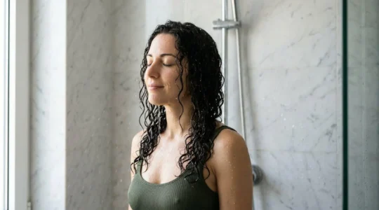 Donna sotto la doccia con capelli lunghi e lucidi mentre l'acqua scorre