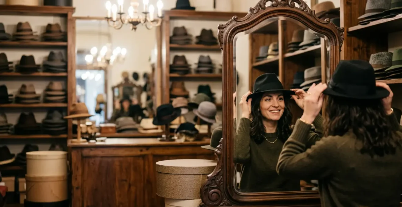 Donna elegante italiana indossa cappello in feltro nero perfettamente calzante senza segni sulla fronte