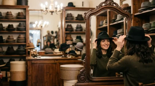 Donna elegante italiana indossa cappello in feltro nero perfettamente calzante senza segni sulla fronte