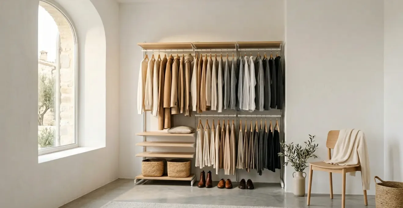 Guardaroba capsula minimalista con 30 capi essenziali organizzati per colore e stagione