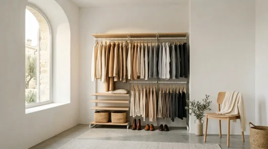 Guardaroba capsula minimalista con 30 capi essenziali organizzati per colore e stagione