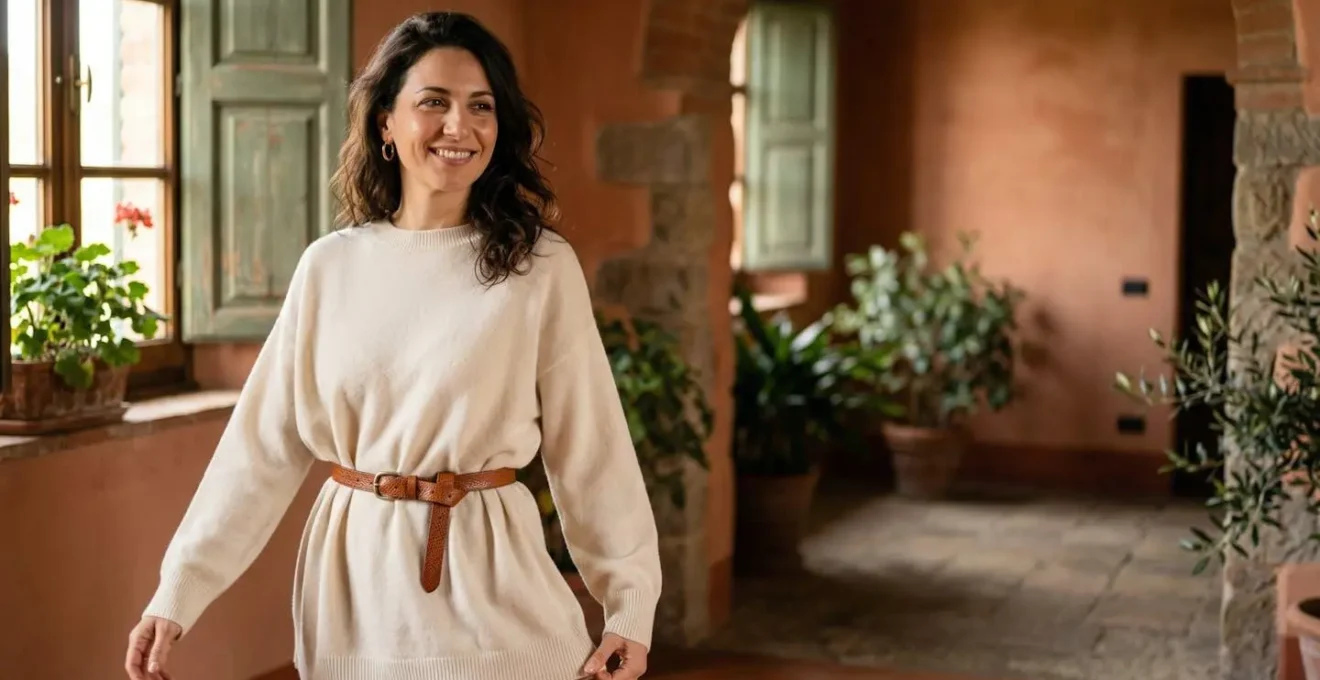 Donna italiana elegante con maglione oversize color crema e cintura sottile in cuoio che definisce il punto vita