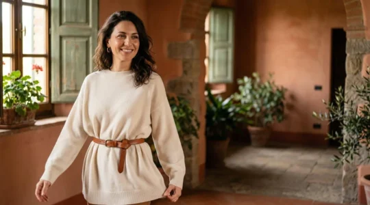 Donna italiana elegante con maglione oversize color crema e cintura sottile in cuoio che definisce il punto vita