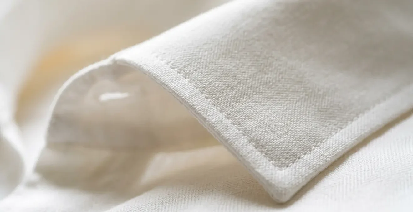 Dettaglio ravvicinato di un colletto di camicia bianca perfettamente pulito e stirato su sfondo minimalista