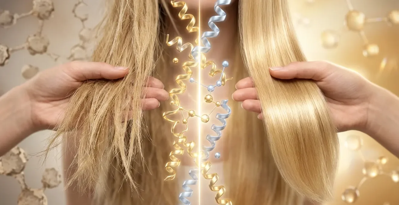 Confronto visivo tra trattamento alla cheratina e bond builder su capelli decolorati