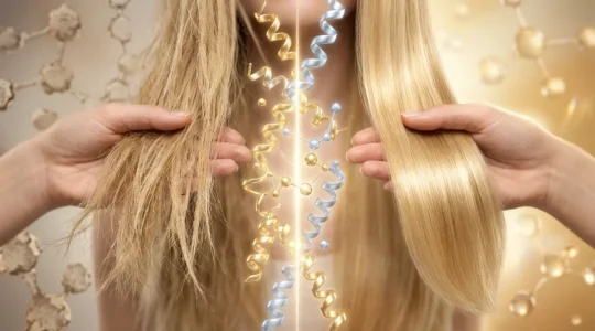 Confronto visivo tra trattamento alla cheratina e bond builder su capelli decolorati