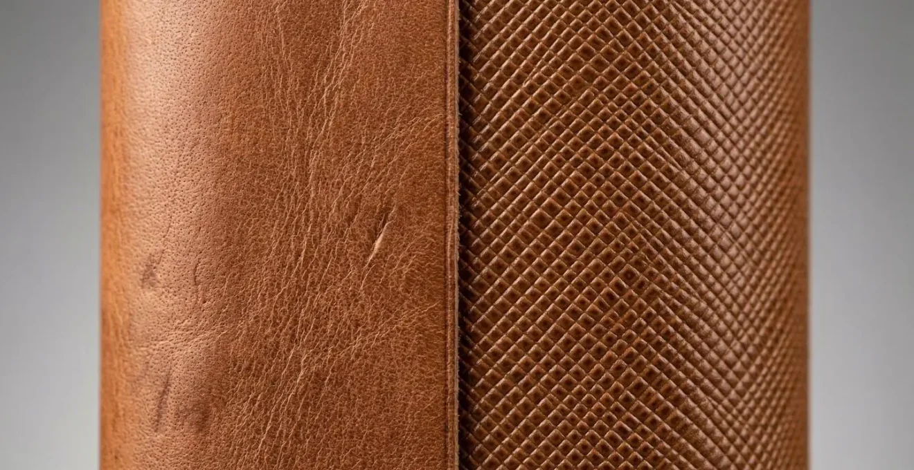 Dettaglio ravvicinato di due tipi di pelle, fiore e Saffiano, che mostrano le differenze di texture per la resistenza ai graffi