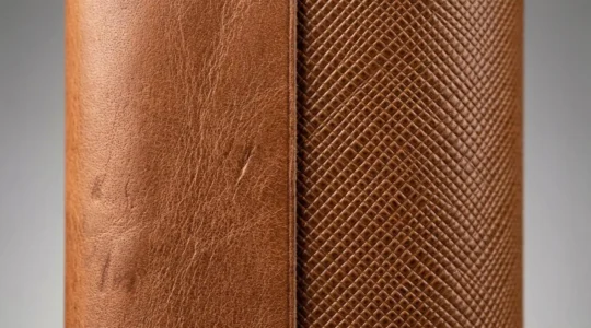 Dettaglio ravvicinato di due tipi di pelle, fiore e Saffiano, che mostrano le differenze di texture per la resistenza ai graffi