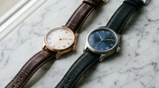 Elegante composizione di orologi di lusso femminili Rolex e Cartier su superficie marmo italiano