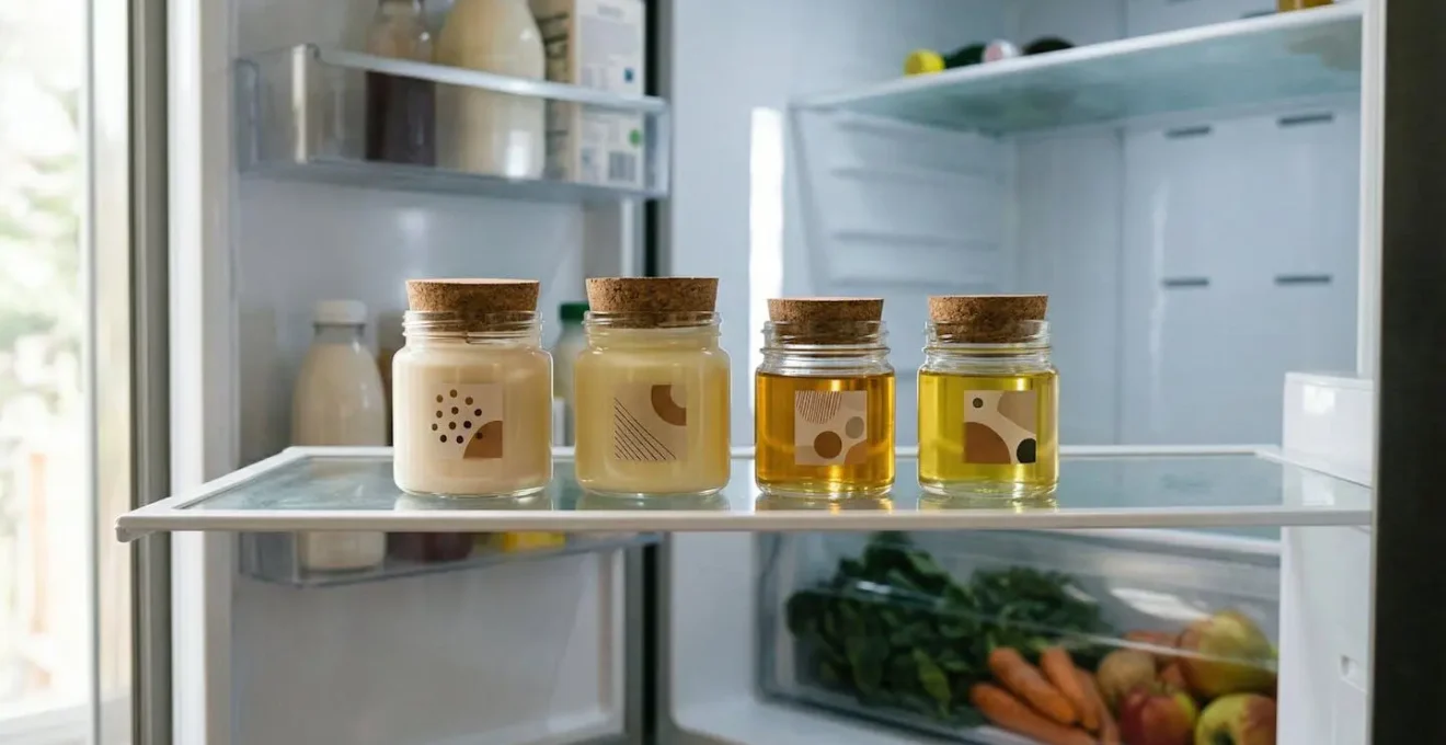 Interno di un frigorifero aperto con barattoli di cosmetici naturali su uno scaffale dedicato, ambiente luminoso e pulito