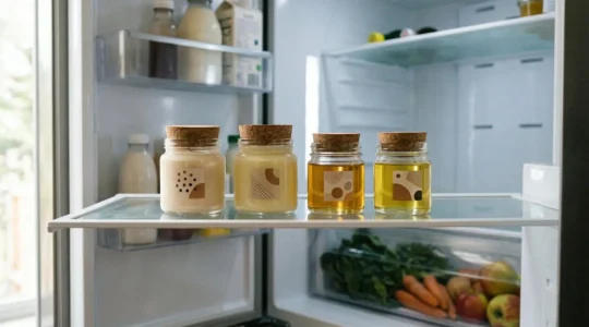 Interno di un frigorifero aperto con barattoli di cosmetici naturali su uno scaffale dedicato, ambiente luminoso e pulito