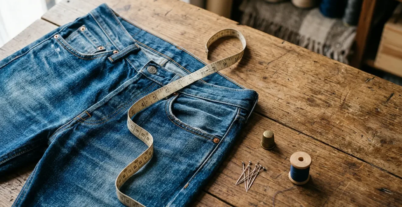 Metro da sarta avvolto intorno a jeans denim su superficie di legno naturale