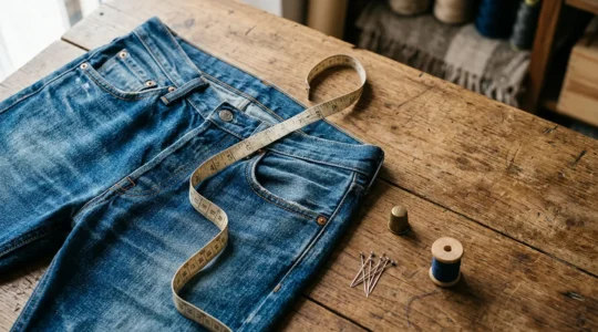Metro da sarta avvolto intorno a jeans denim su superficie di legno naturale