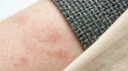 Primo piano di pelle sensibile con rossore e texture di diversi tessuti naturali e sintetici