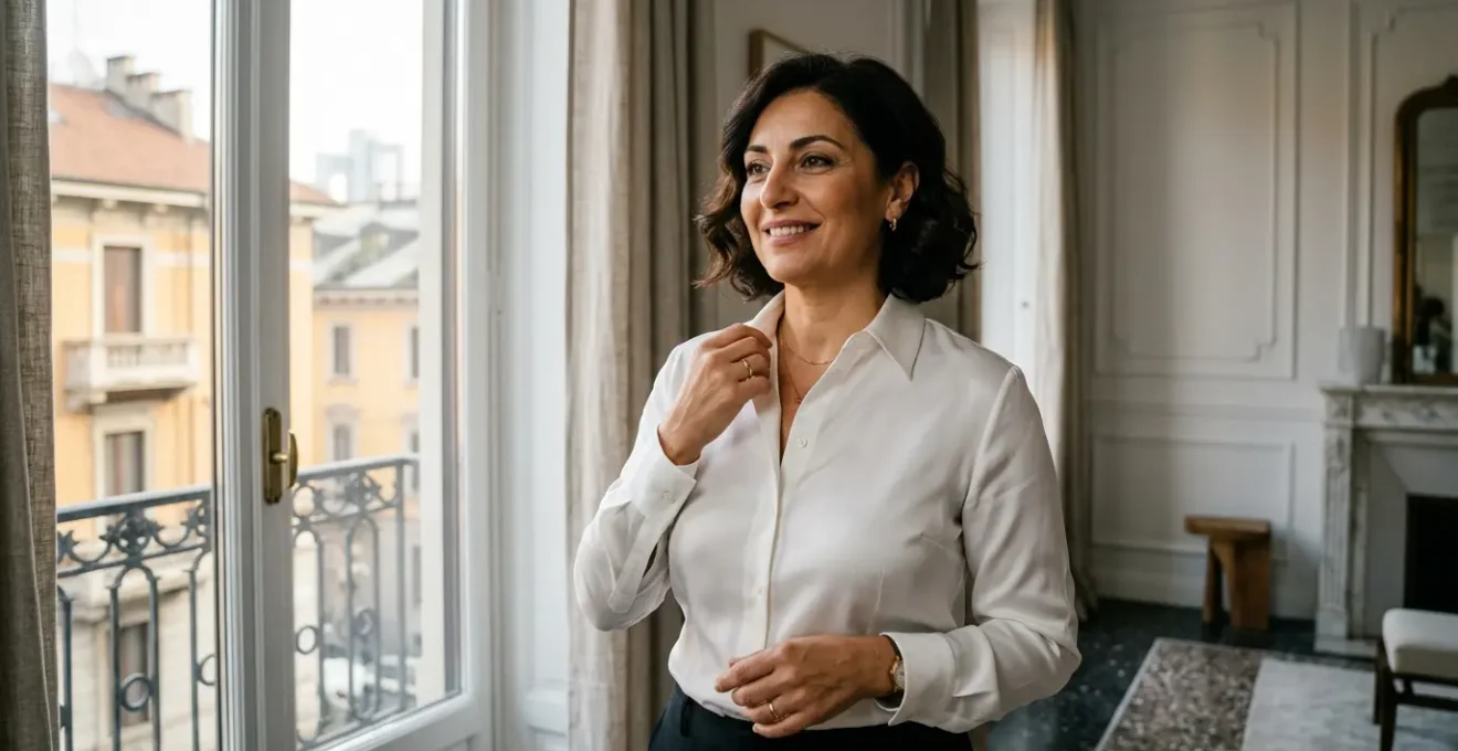 Donna con seno prosperoso che indossa una camicia ben adattata con vestibilità perfetta