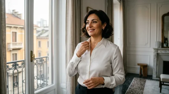 Donna con seno prosperoso che indossa una camicia ben adattata con vestibilità perfetta