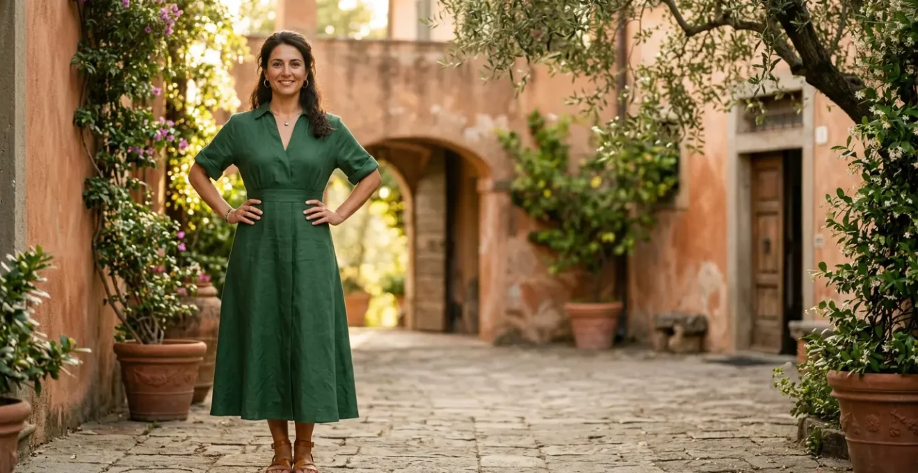 Donna italiana elegante con fianchi larghi e punto vita valorizzato in un ambiente mediterraneo raffinato