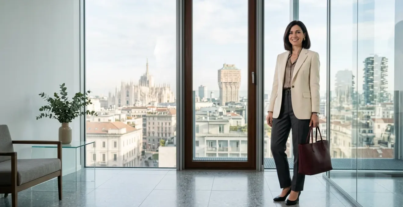 Donna elegante in un ambiente ufficio moderno con giacca sartoriale e accessori raffinati