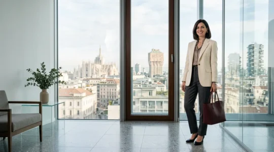 Donna elegante in un ambiente ufficio moderno con giacca sartoriale e accessori raffinati