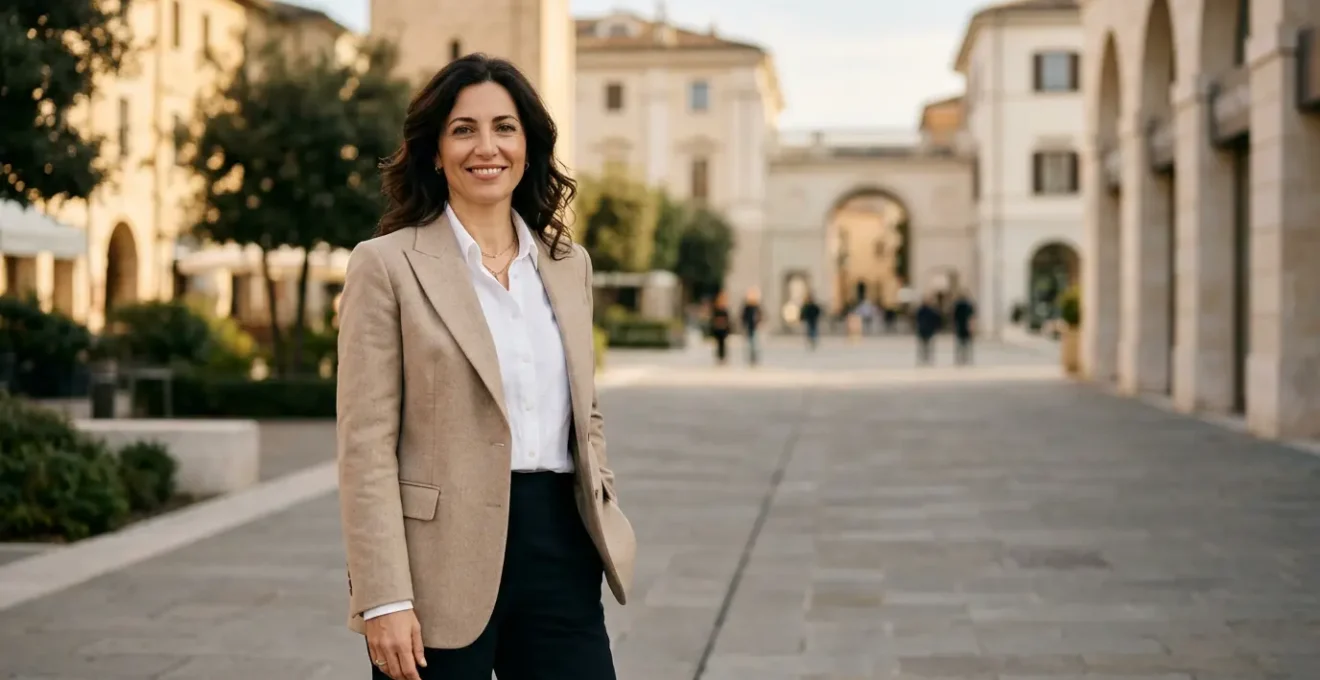 Donna elegante sui 40 anni in ambiente urbano italiano con stile contemporaneo