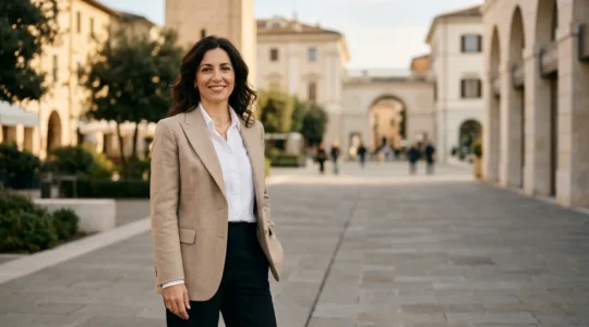 Donna elegante sui 40 anni in ambiente urbano italiano con stile contemporaneo