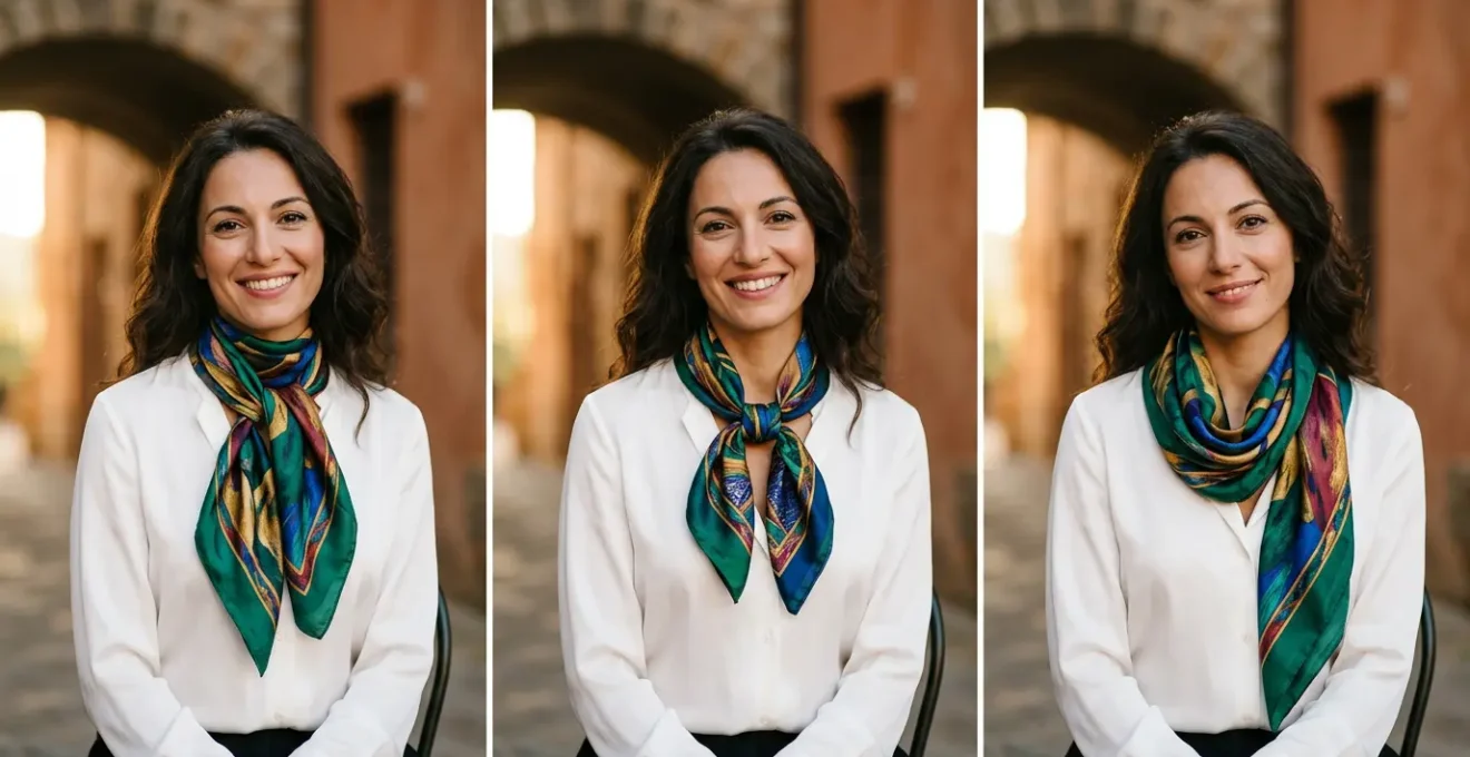 Donna elegante con foulard di seta annodato al collo in tre stili diversi