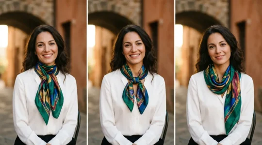 Donna elegante con foulard di seta annodato al collo in tre stili diversi