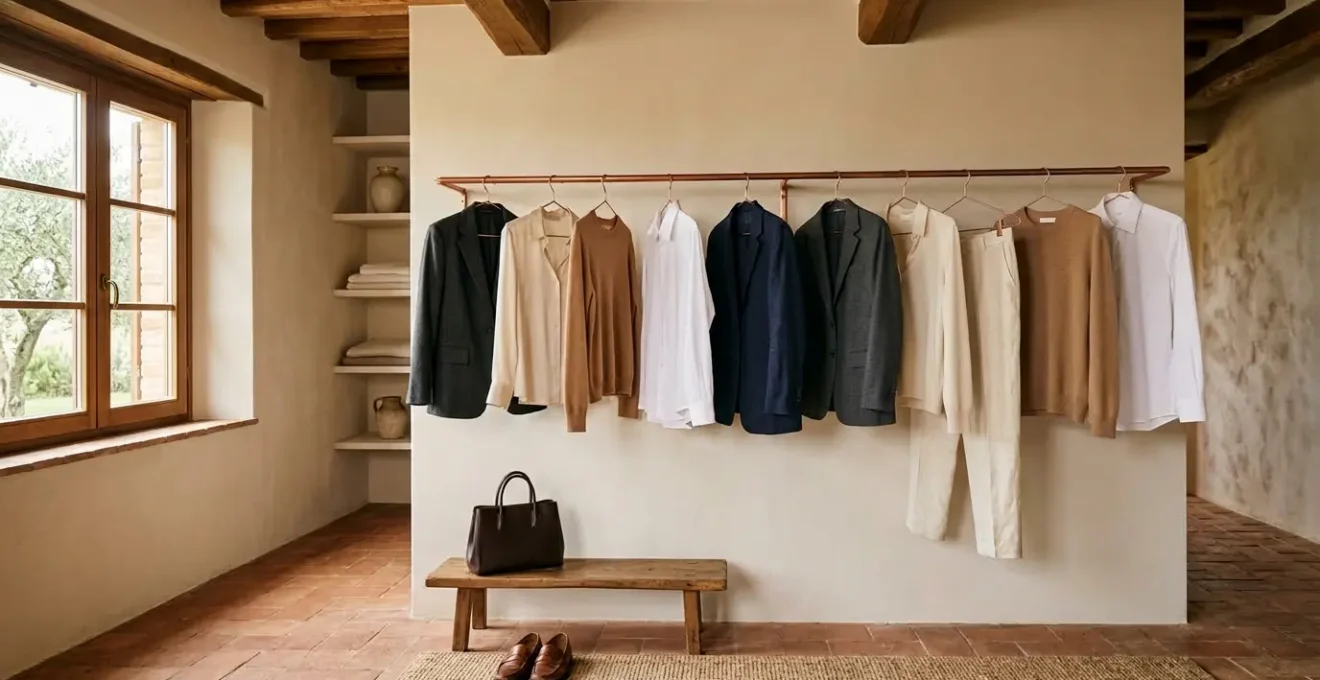 Guardaroba minimalista con dieci capi essenziali italiani disposti armoniosamente