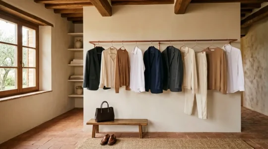 Guardaroba minimalista con dieci capi essenziali italiani disposti armoniosamente