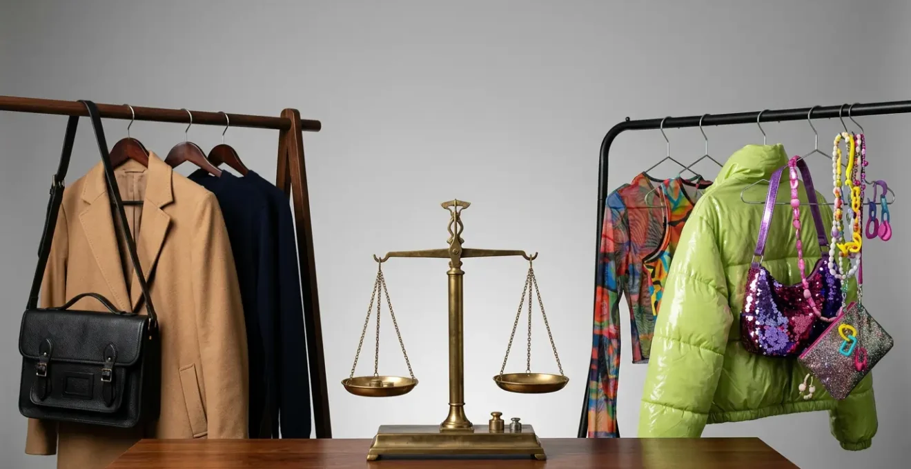 Composizione elegante di capi d'abbigliamento di qualità italiana e tendenze effimere per illustrare il dilemma tra investimento e risparmio nella moda