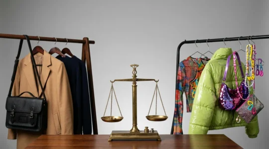 Composizione elegante di capi d'abbigliamento di qualità italiana e tendenze effimere per illustrare il dilemma tra investimento e risparmio nella moda