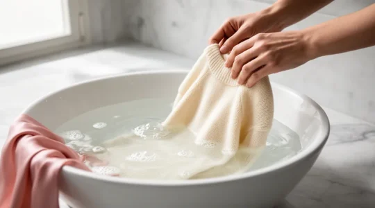 Mani che lavano delicatamente un maglione di lana in acqua tiepida in una bacinella bianca