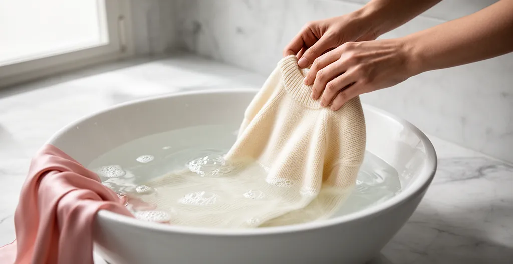 Mani che lavano delicatamente un maglione di lana in acqua tiepida in una bacinella bianca