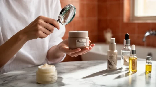 Persona che esamina attentamente l'etichetta di un prodotto cosmetico con lente d'ingrandimento